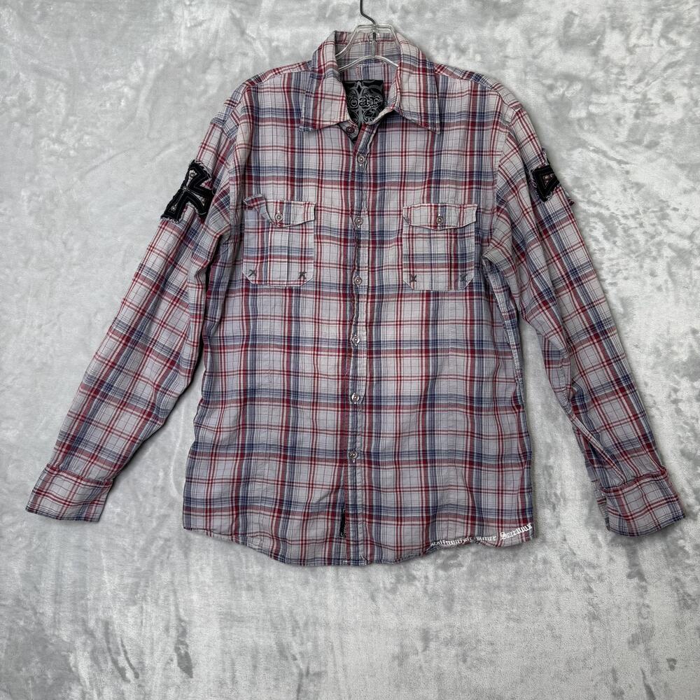Roar Shirt Mens Medium Red Blue Plaid Western Cross Embroidered Studded Rock